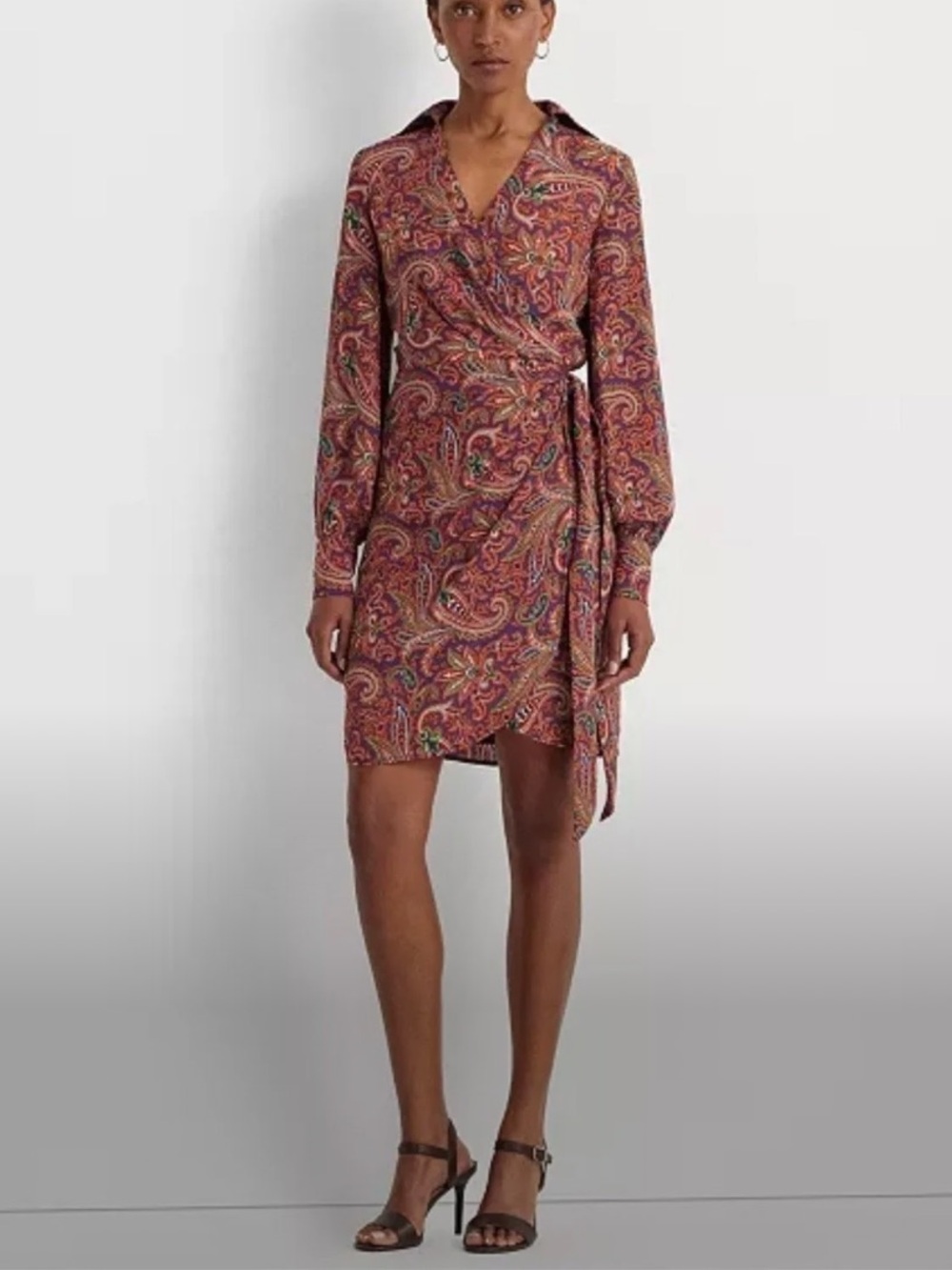 LAUREN RALPH LAUREN Fiondra Crepe Long Sleeve Wrap Day Dress Paisley Size 6